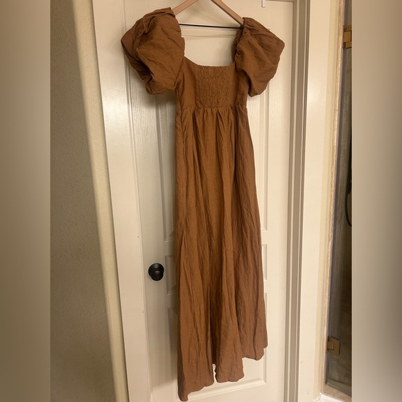 100% linen camel Puff Sleeve Maxi Dress - Picture 2 of 3